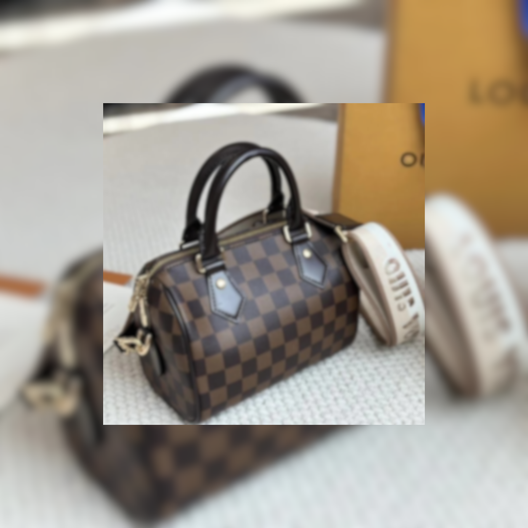 Mini Barrel Handbag with Strap in Brown Check Coated Canvas, 20.5cm