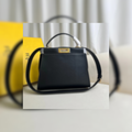 Trapezoid Handbag with Twist Closure in Black Calfskin, 33.5cm